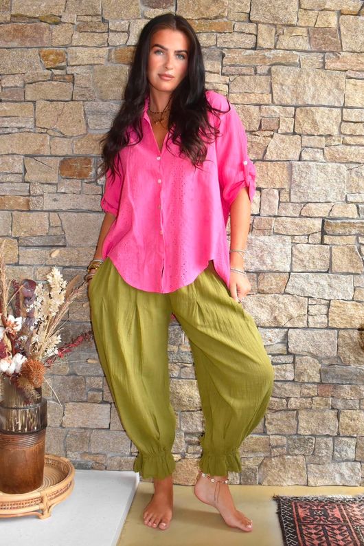 Pia Pillow Cotton Embroidered Tile Classic Shirt Hot Pink